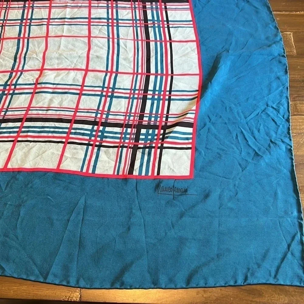 Franco Ferrari Grid Plaid Window Pane Scarf Silk Vintage Turquoise Blue Square